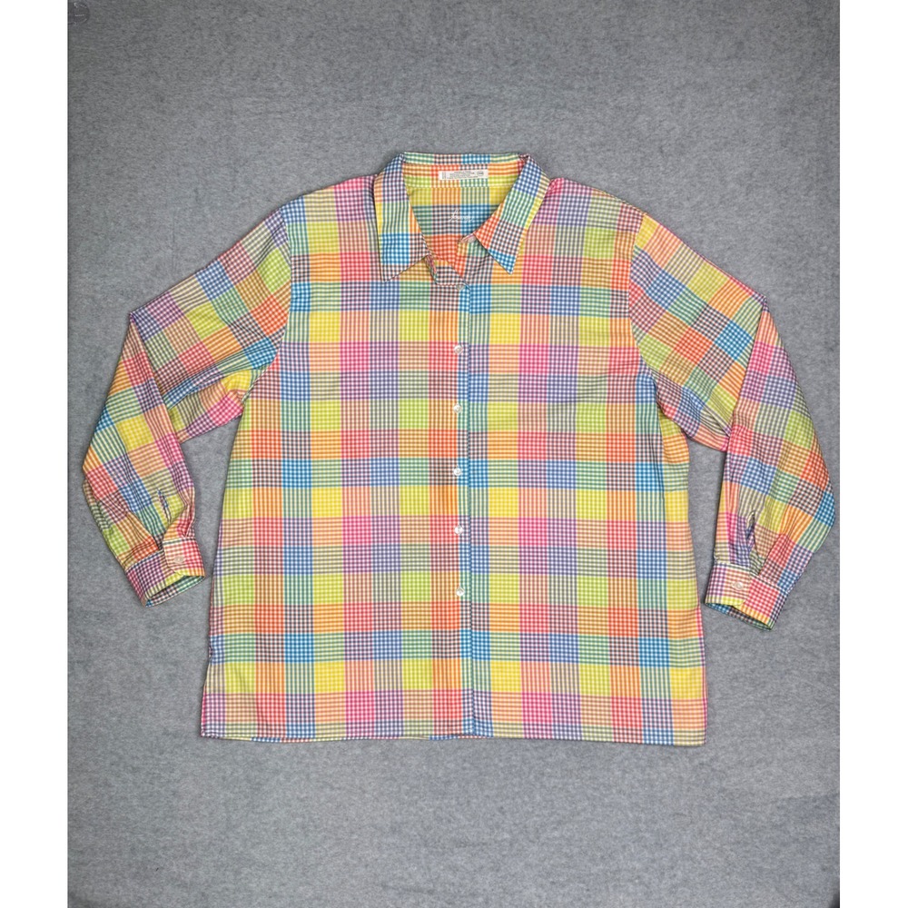 Foxcroft Rainbow Gingham Plaid Button Down Shirt Womens 18W Wrinkle Free Top